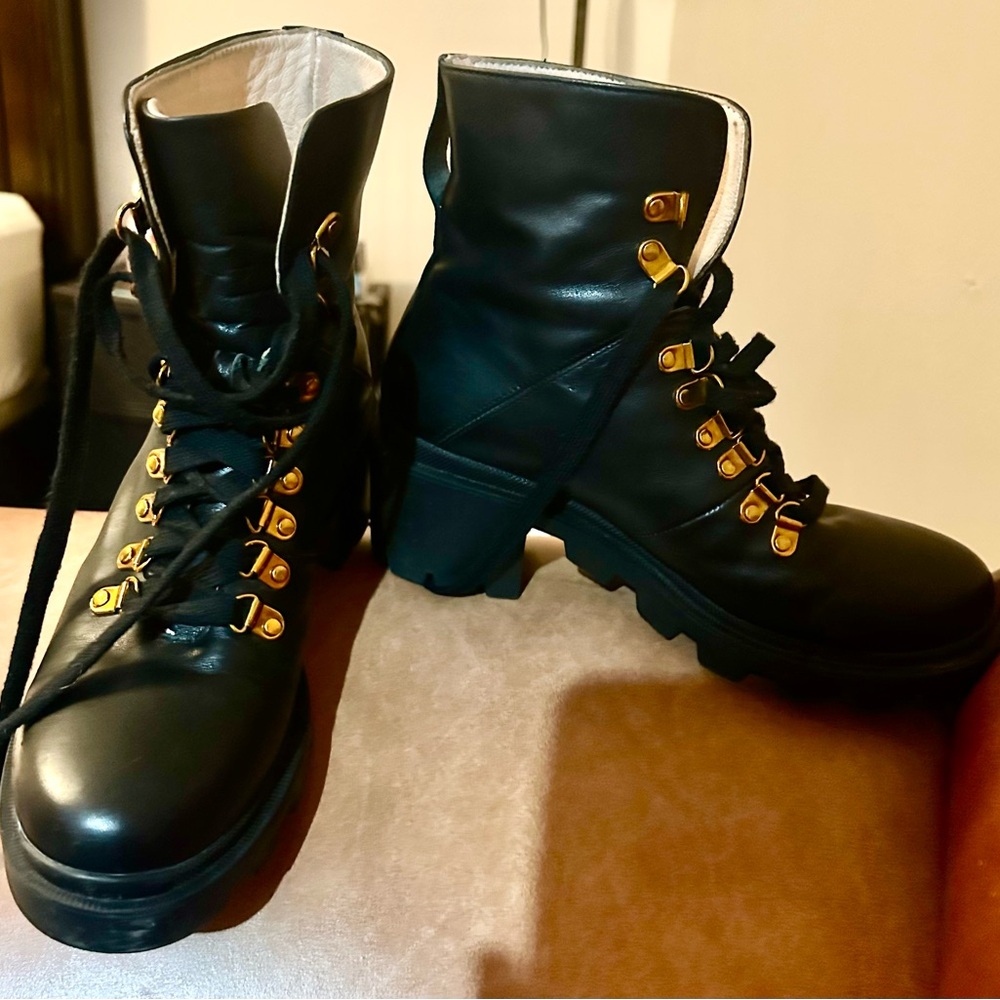 Gucci Black Leather Combat Boots with Gold Accents